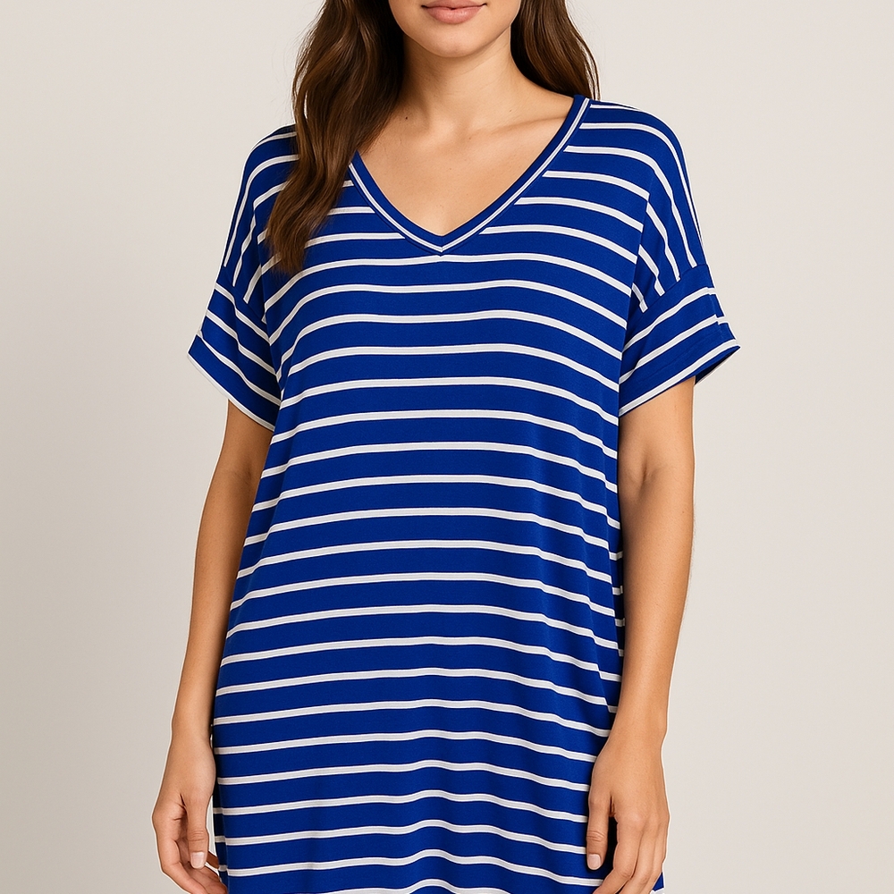 Zenana Size 1x Nautical Blue T-Shirt V Neck Dress